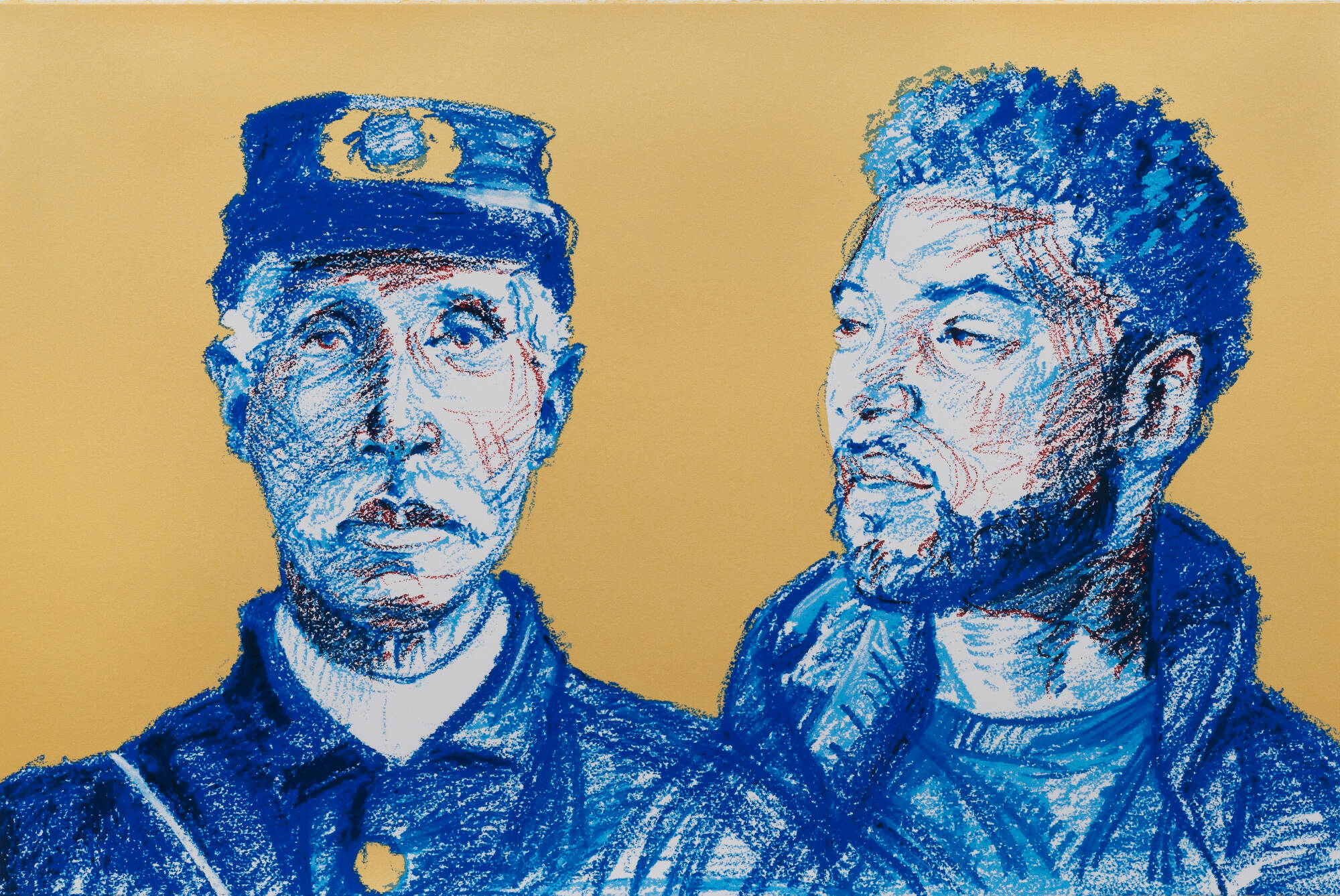 Print portrait of two men from the shoulders up, the one of the left is wearing a Civil War uniform. Man on the left is wearing contemporary clothing. Print has shades of yellow, blue and white.